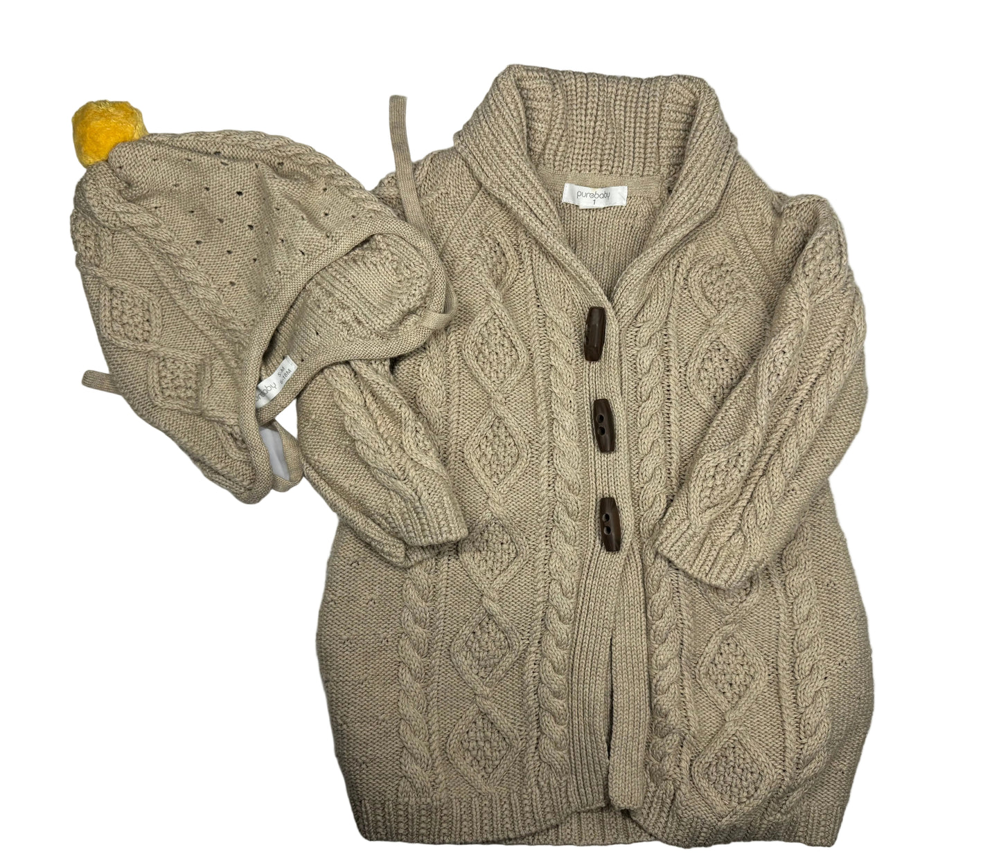 PUREBABY Long knit Cardigan & Hat set