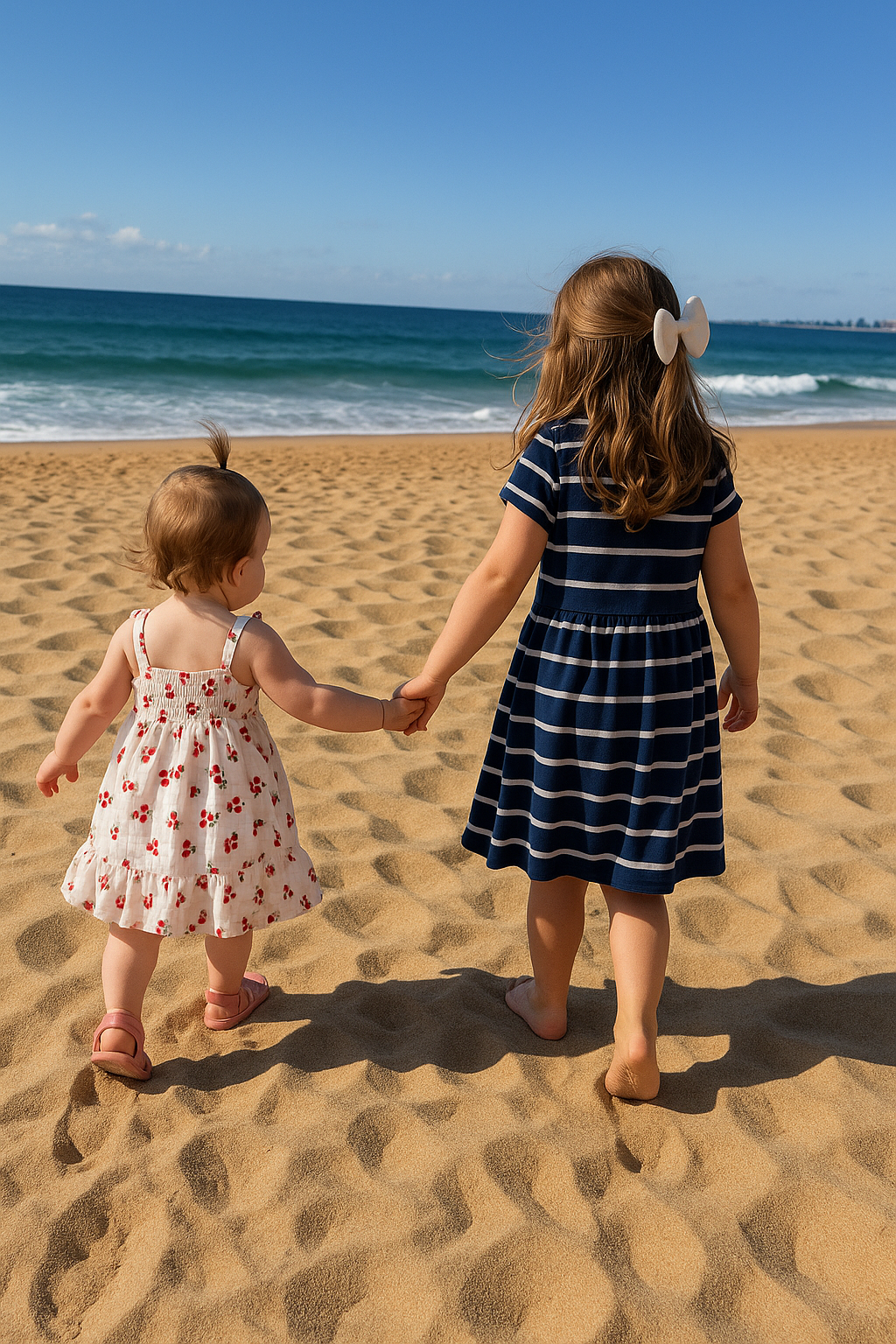 Two little girls walking hand in hand on the beach